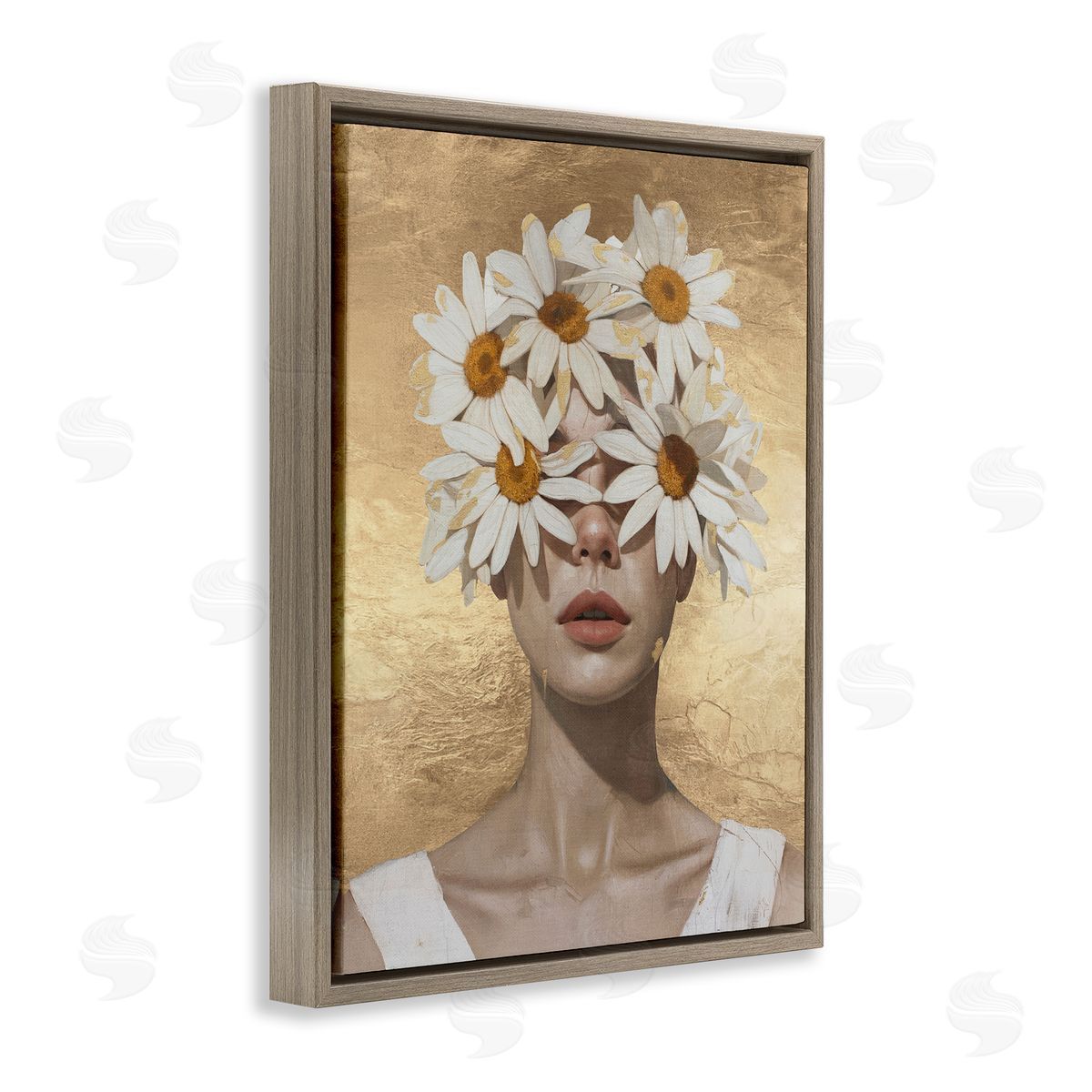 Daisy Adorned Woman Brown Floating Frame Canvas Wall Art, Home Decor by Svetlana Aleynikova