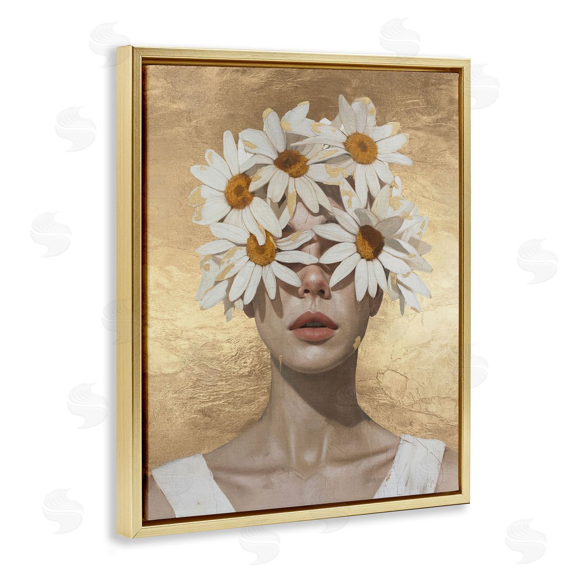 Daisy Adorned Woman Gold Floating Frame Canvas Wall Art, Home Decor by Svetlana Aleynikova