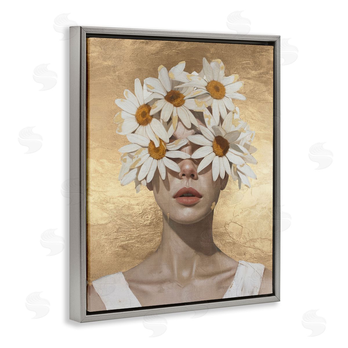 Daisy Adorned Woman Grey Floating Frame Canvas Wall Art, Home Decor by Svetlana Aleynikova