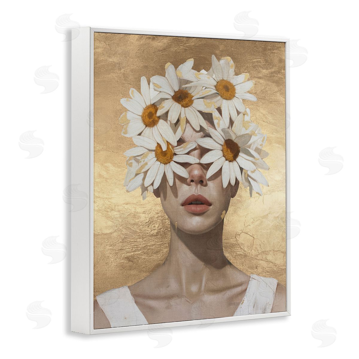 Daisy Adorned Woman White Frame Print Wall Art, Home Decor by Svetlana Aleynikova