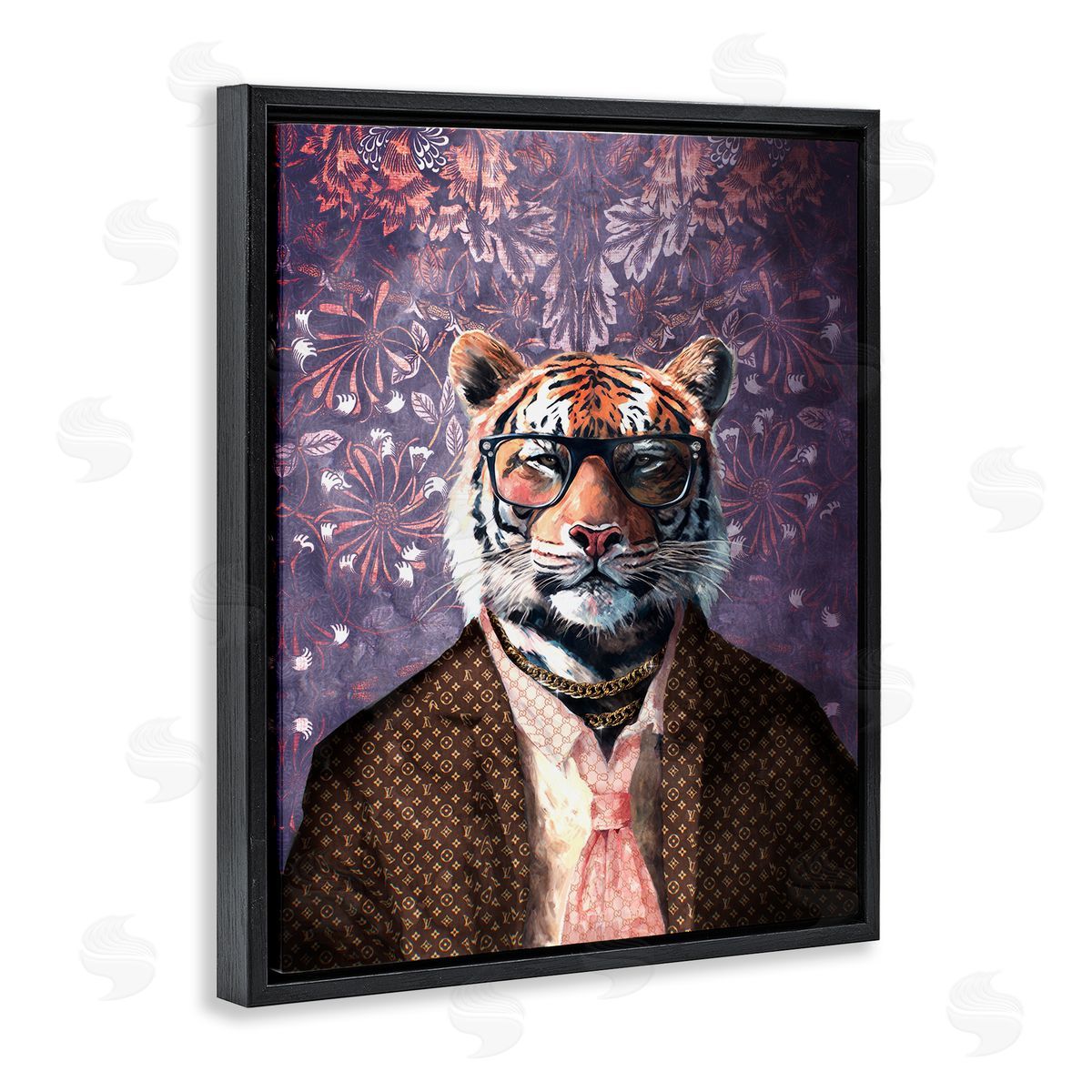 Tiger in Style on Florals Black Floating Frame Canvas Wall Art, Home Decor by Svetlana Aleynikova