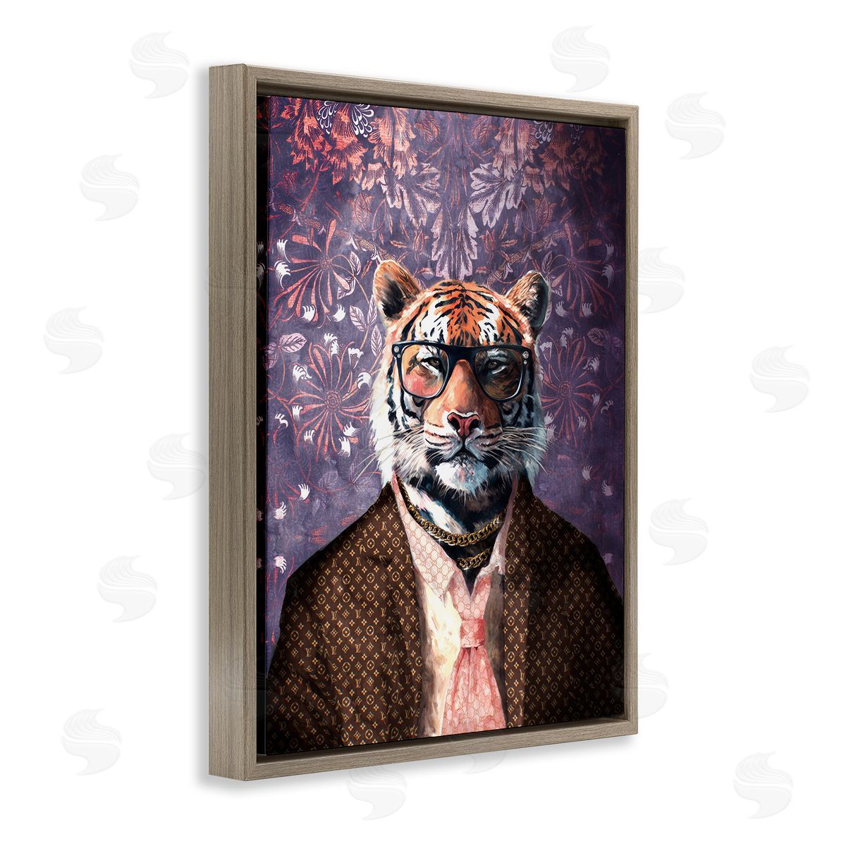 Tiger in Style on Florals Brown Floating Frame Canvas Wall Art, Home Decor by Svetlana Aleynikova