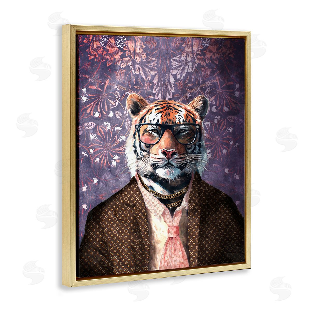 Tiger in Style on Florals Gold Floating Frame Canvas Wall Art, Home Decor by Svetlana Aleynikova