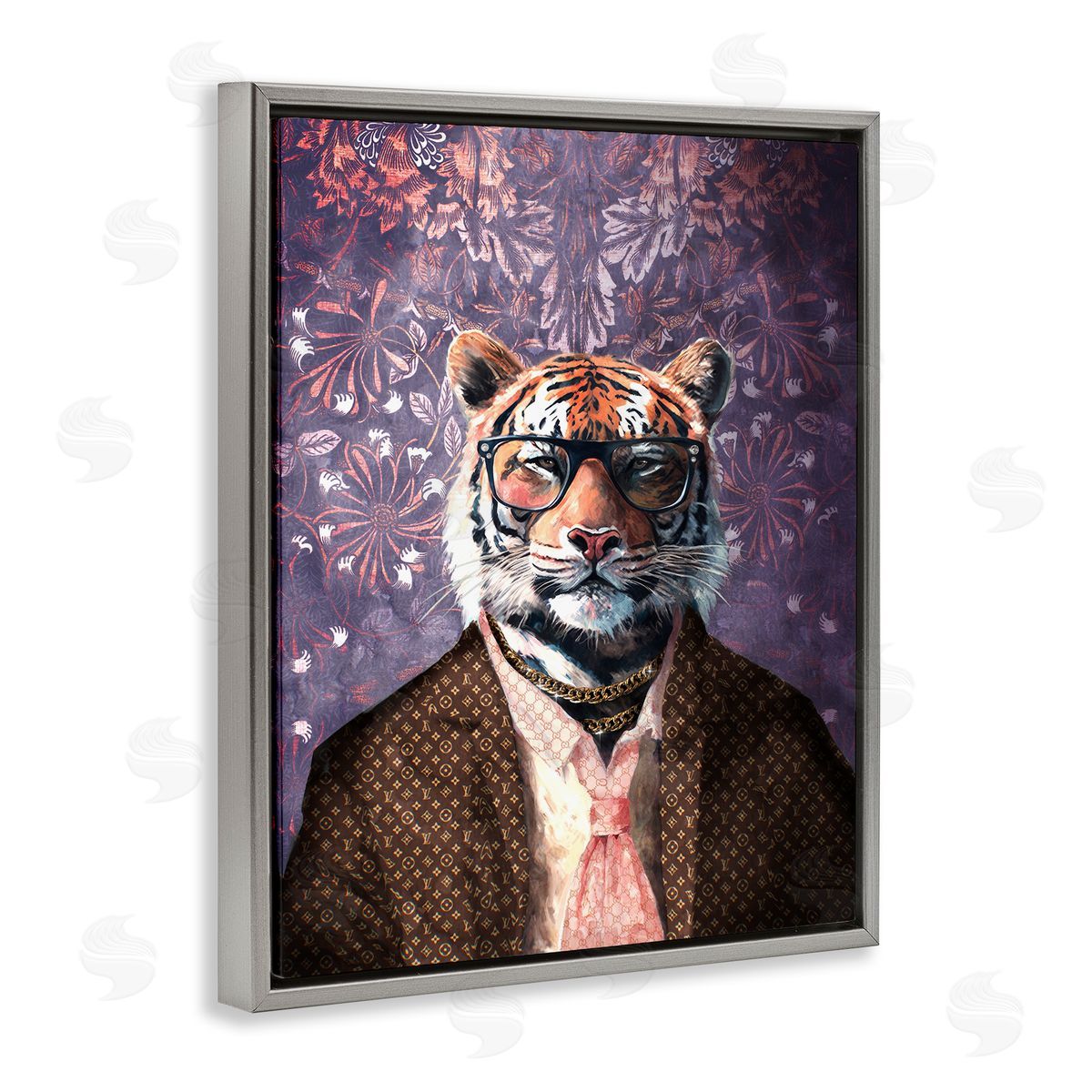Tiger in Style on Florals Grey Floating Frame Canvas Wall Art, Home Decor by Svetlana Aleynikova