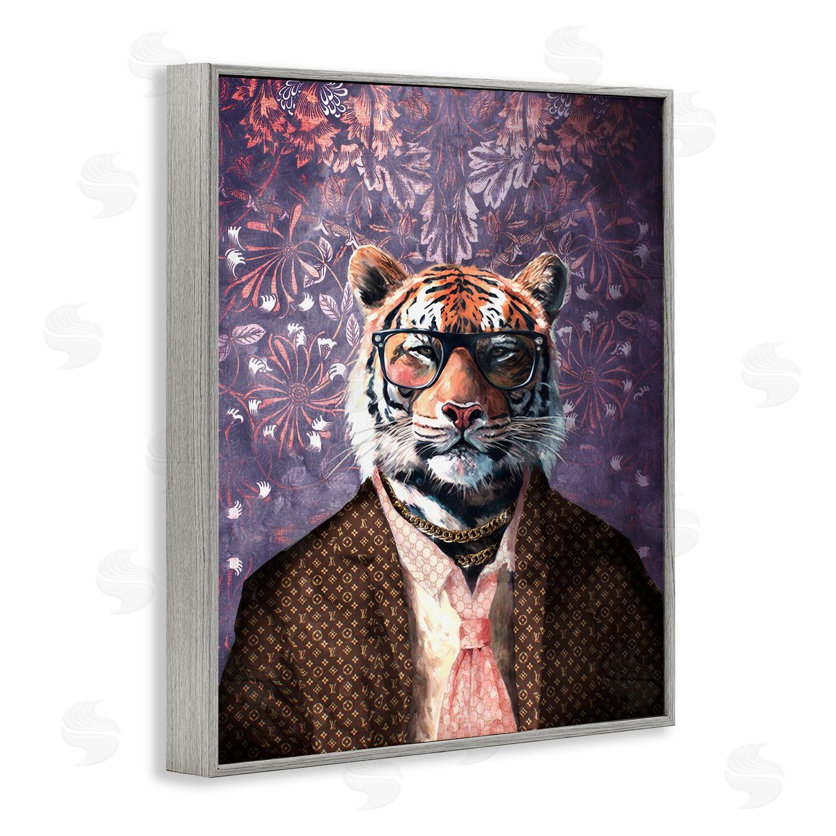 Tiger in Style on Florals Grey Frame Print Wall Art, Home Decor by Svetlana Aleynikova