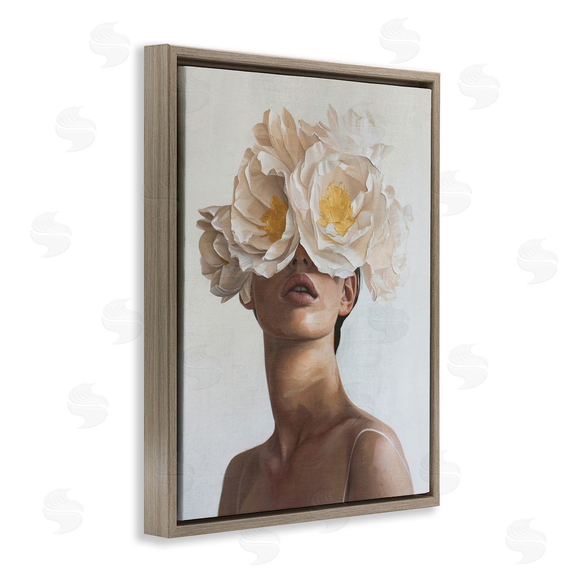 Yellow Flower Lady Brown Floating Frame Canvas Wall Art, Home Decor by Svetlana Aleynikova