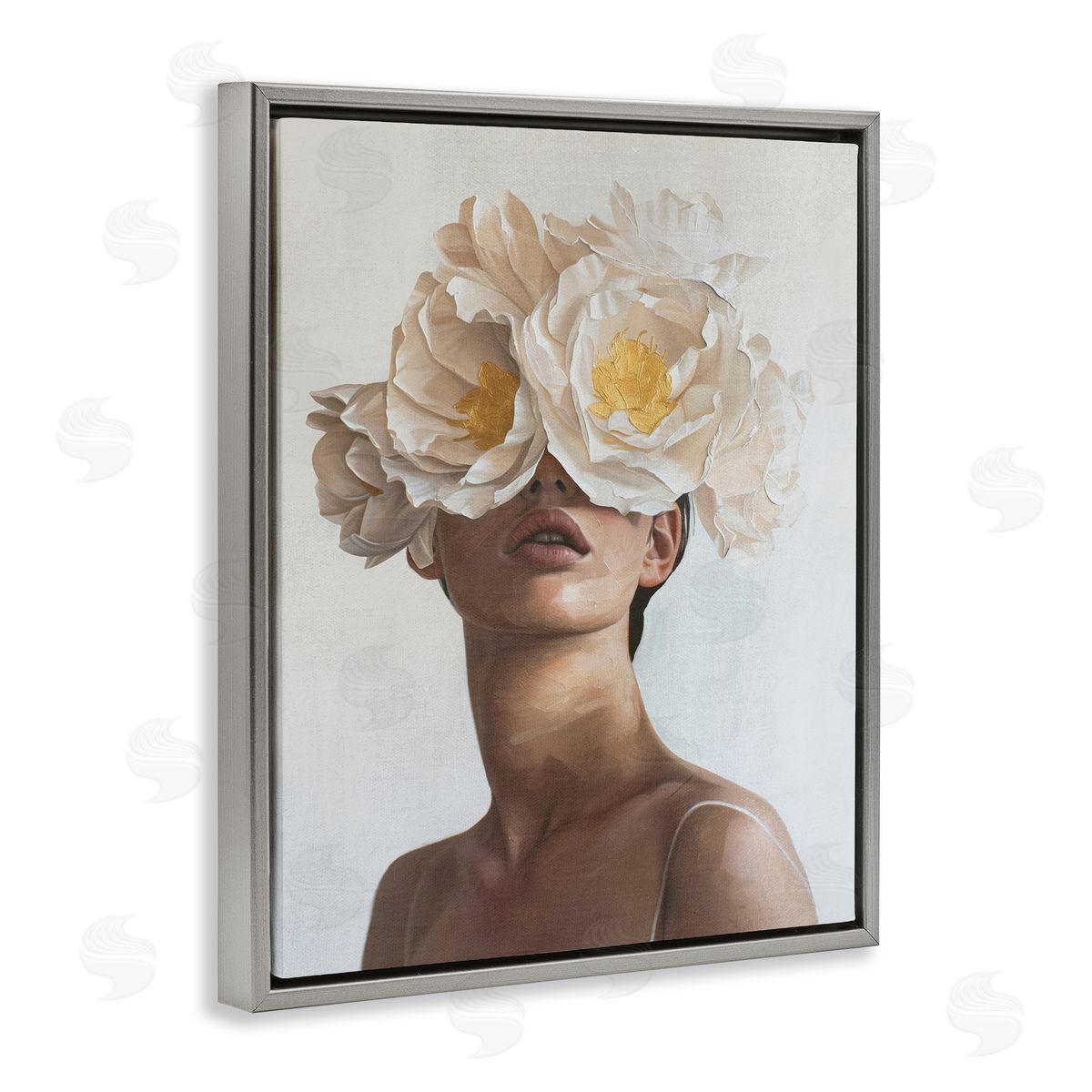Yellow Flower Lady Grey Floating Frame Canvas Wall Art, Home Decor by Svetlana Aleynikova