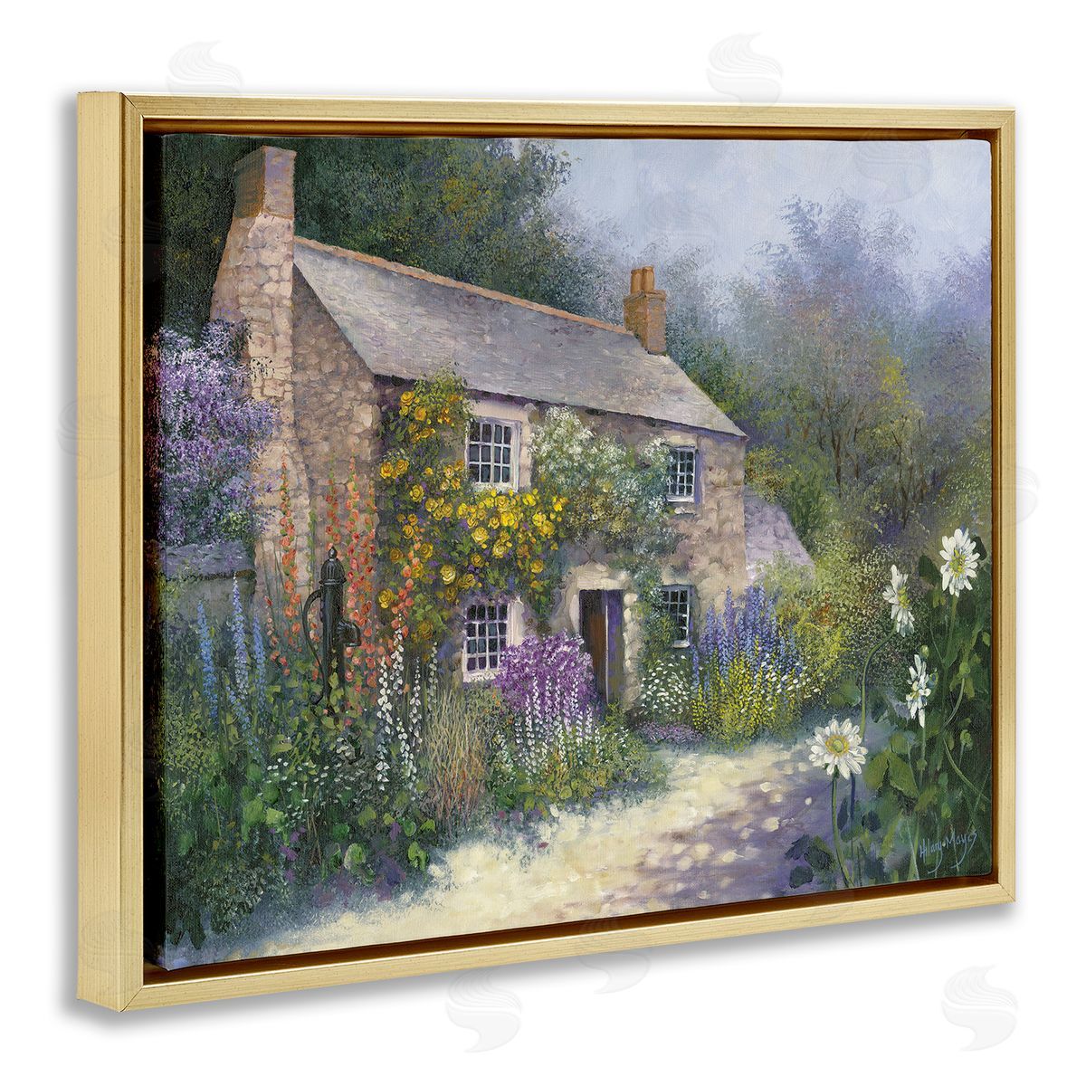 Gardener's Cottage View Gold Floating Frame Canvas Wall Art, Home Decor by Hilary Mayes