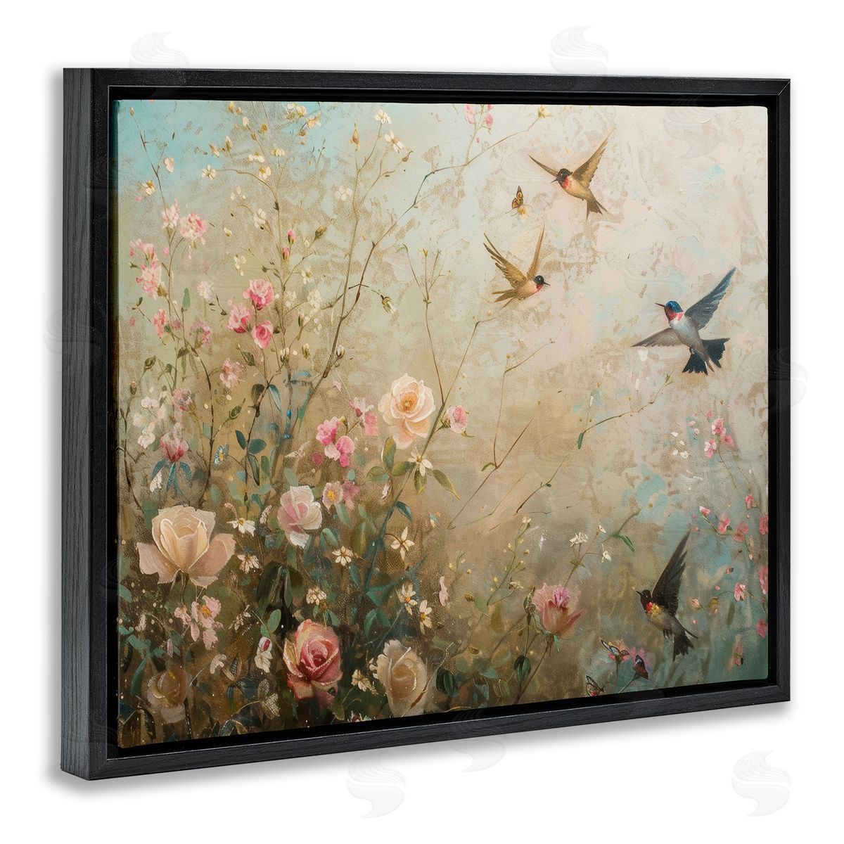 Spring Meadow Birds Black Floating Frame Canvas Wall Art, Home Decor by Arlington Prints