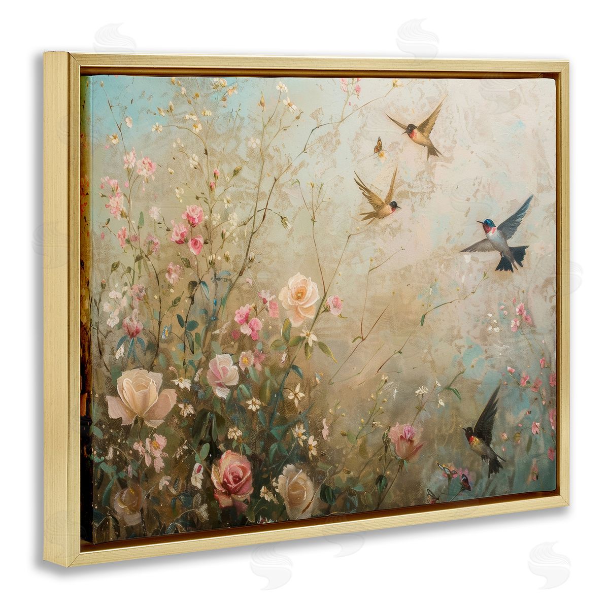 Spring Meadow Birds Gold Floating Frame Canvas Wall Art, Home Decor by Arlington Prints