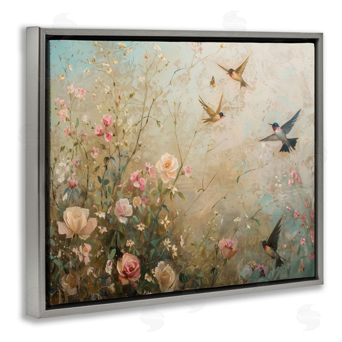 Spring Meadow Birds Grey Floating Frame Canvas Wall Art, Home Decor by Arlington Prints