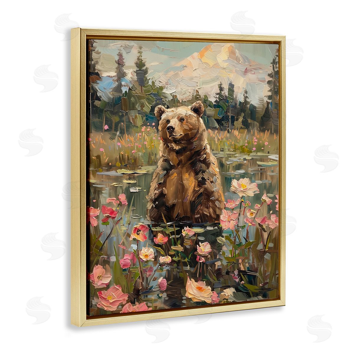 Bear in Floral Pond Gold Floating Frame Canvas Wall Art, Home Decor by Arlington Prints