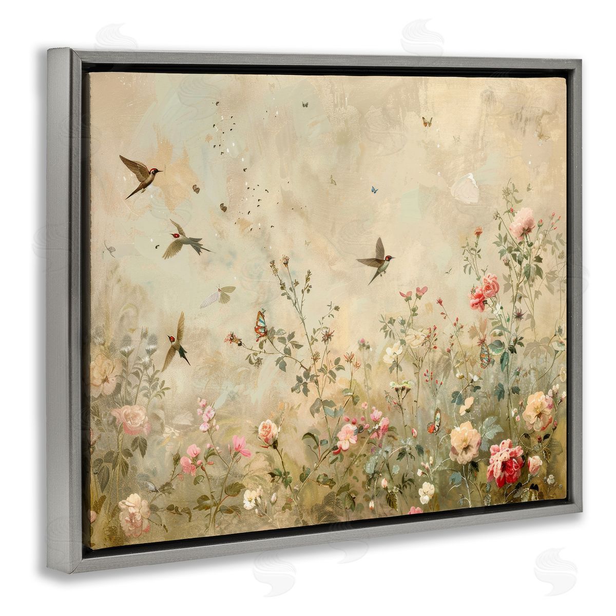 Swallows in Flower Meadow Grey Floating Frame Canvas Wall Art, Home Decor by Arlington Prints