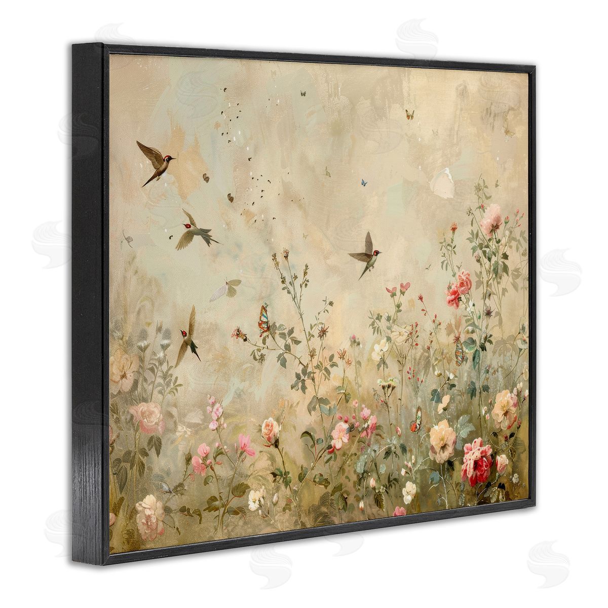 Swallows in Flower Meadow Black Frame Print Wall Art, Home Decor by Arlington Prints