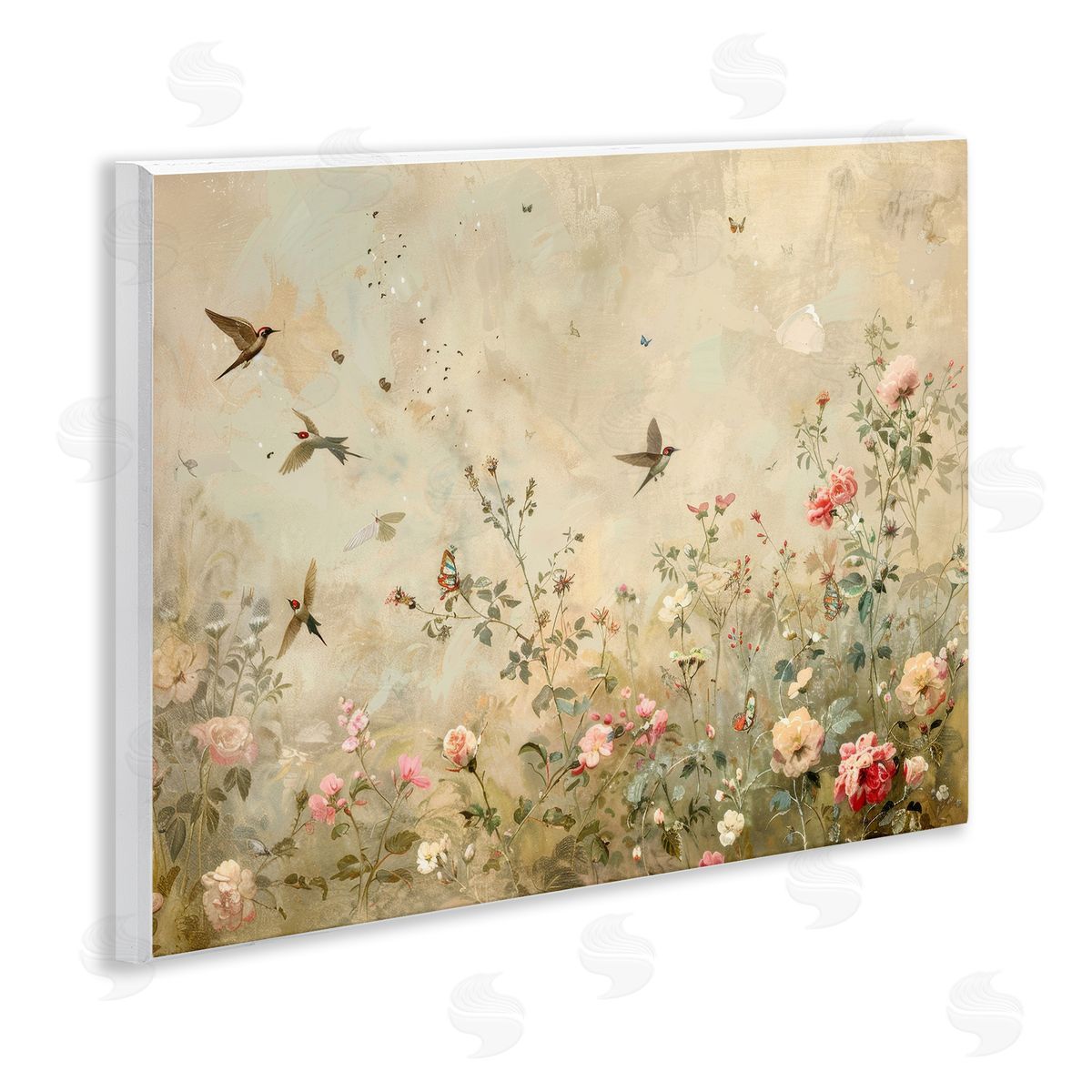 Swallows in Flower Meadow Wood Plaque Wall Art, Home Decor by Arlington Prints