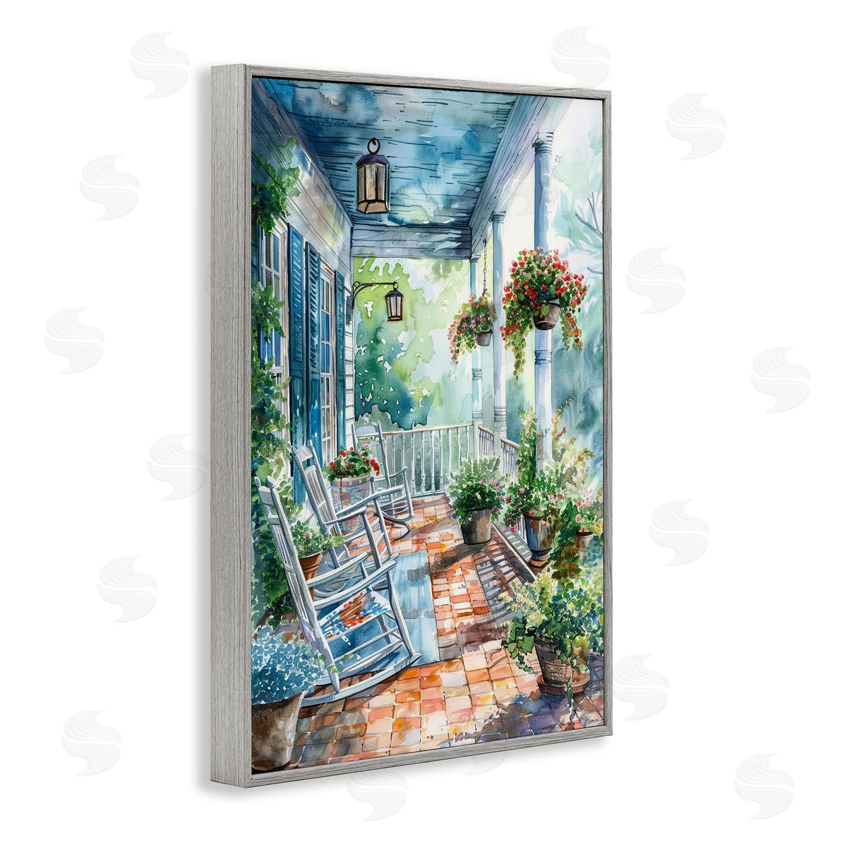 Potted Geraniums Porch Grey Frame Print Wall Art, Home Decor by Franklyn Gregory