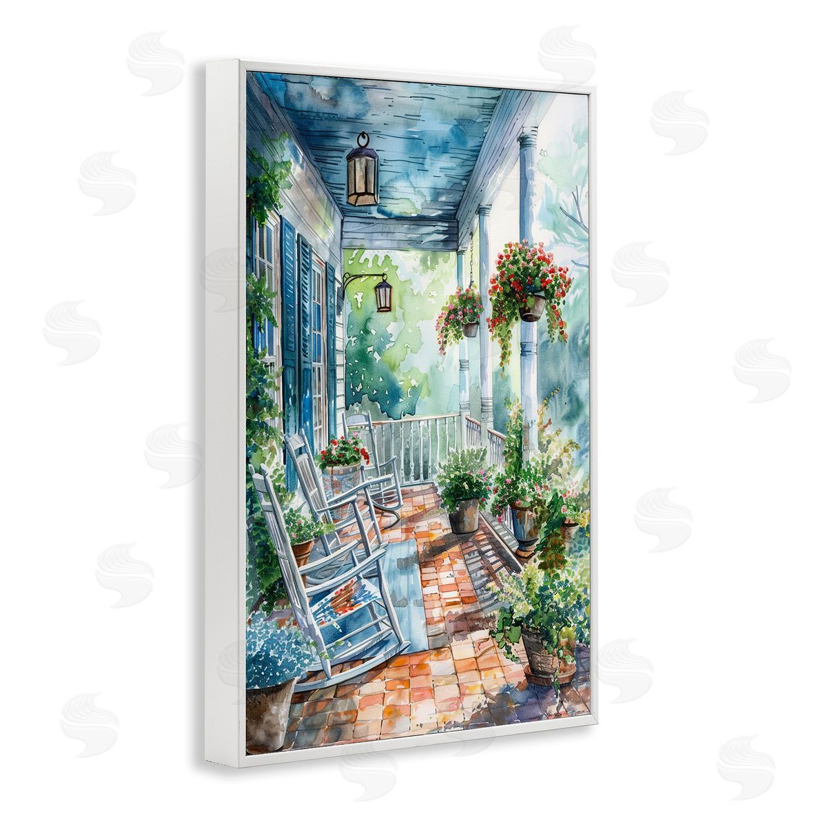 Potted Geraniums Porch White Frame Print Wall Art, Home Decor by Franklyn Gregory