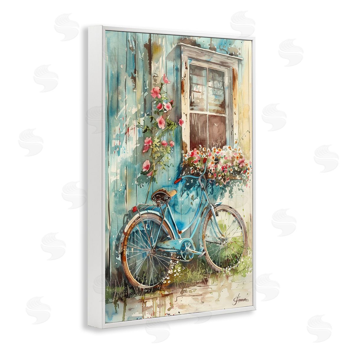 Leaning Spring Bicycle White Frame Print Wall Art, Home Decor by Franklyn Gregory