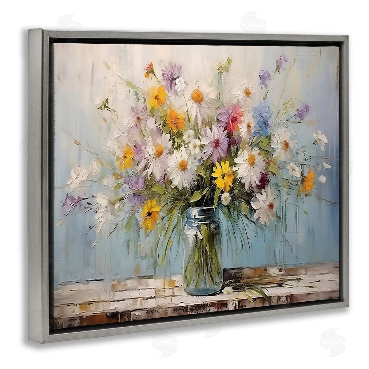 Wildflower Bouquet in Jar Grey Floating Frame Canvas Wall Art, Home Decor by Franklyn Gregory