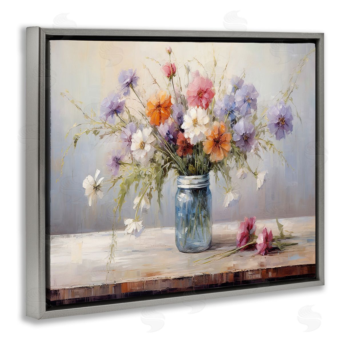Wildflowers in Country Jar Grey Floating Frame Canvas Wall Art, Home Decor by Franklyn Gregory
