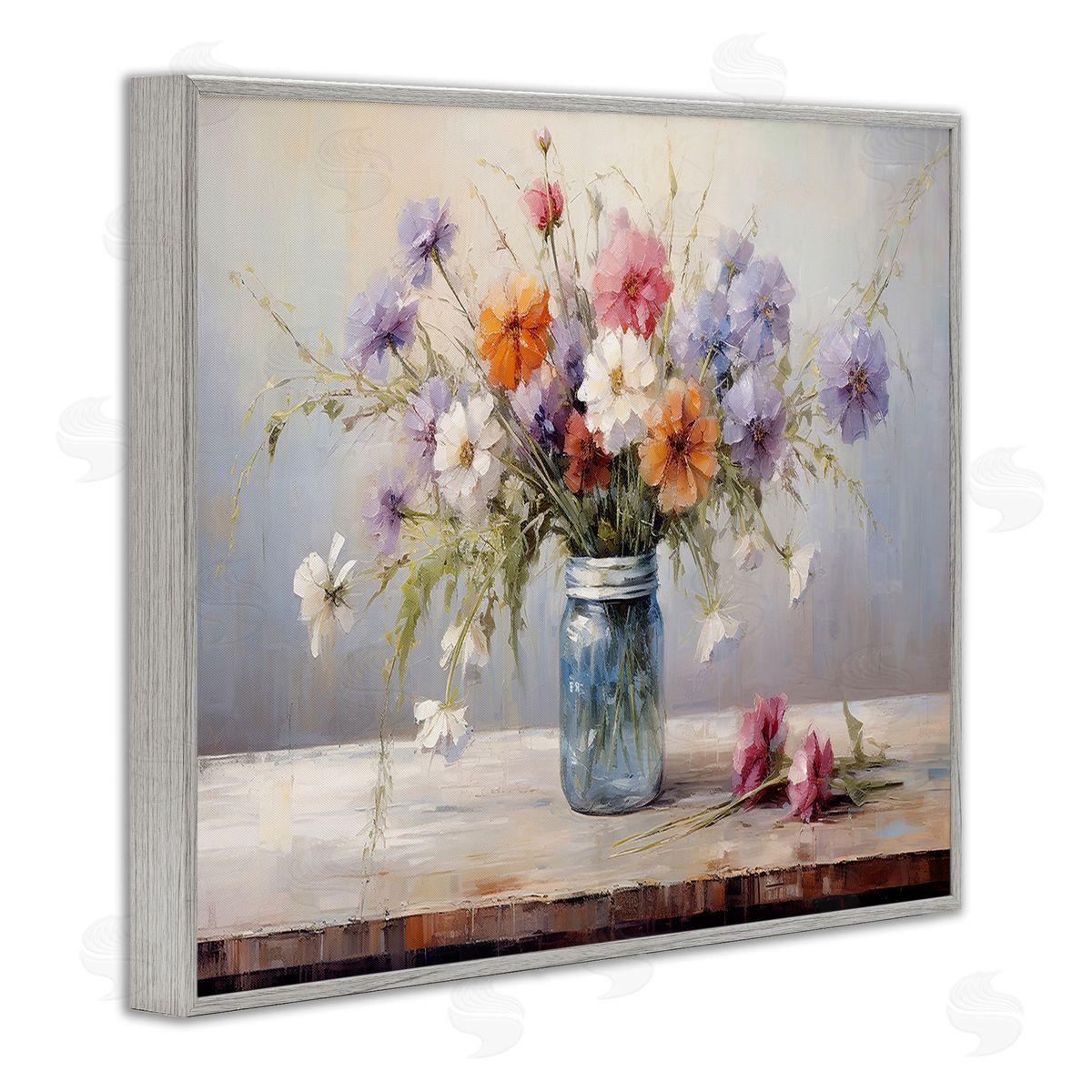 Wildflowers in Country Jar Grey Frame Print Wall Art, Home Decor by Franklyn Gregory