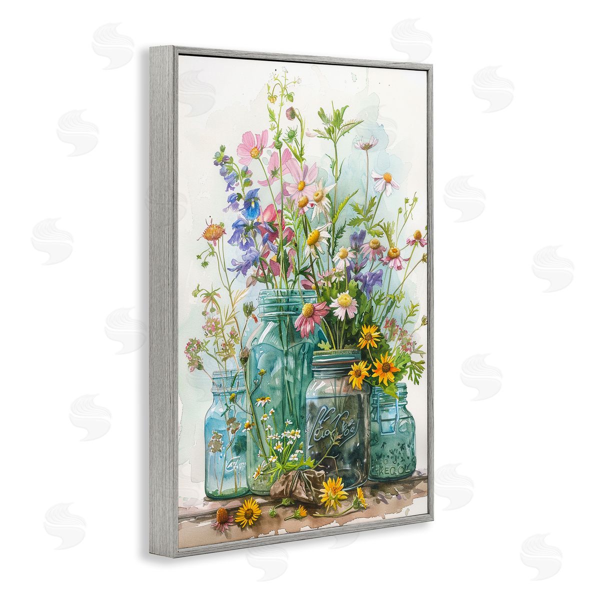 Bright Garden Blooms Jars Grey Frame Print Wall Art, Home Decor by Franklyn Gregory