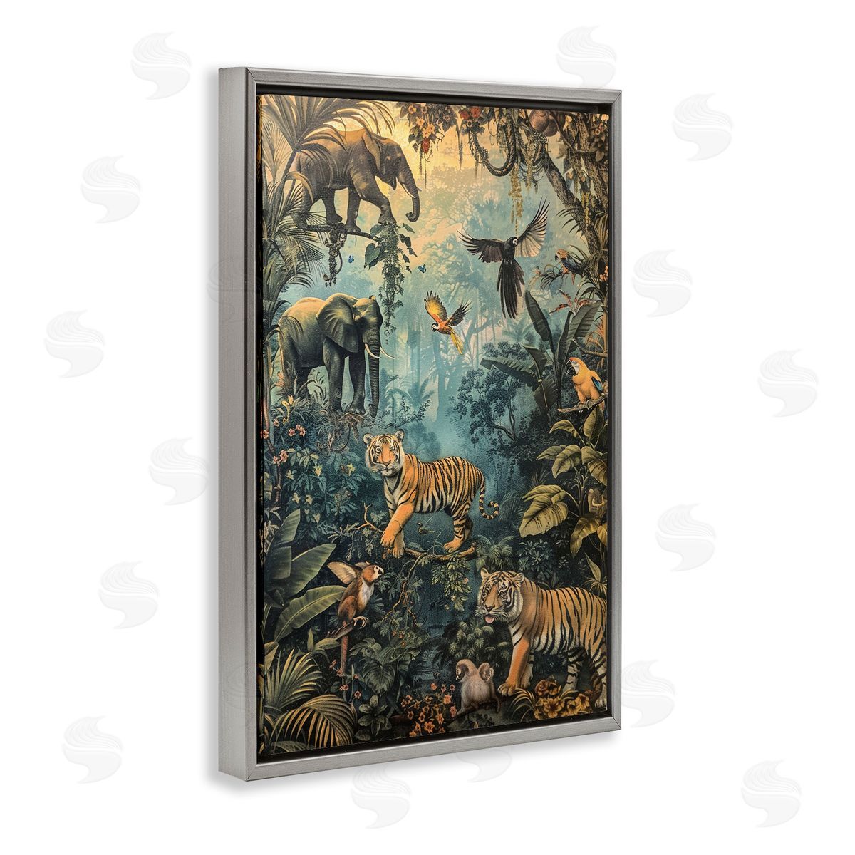 Vintage Rainforest Jungle Grey Floating Frame Canvas Wall Art, Home Decor by Franklyn Gregory