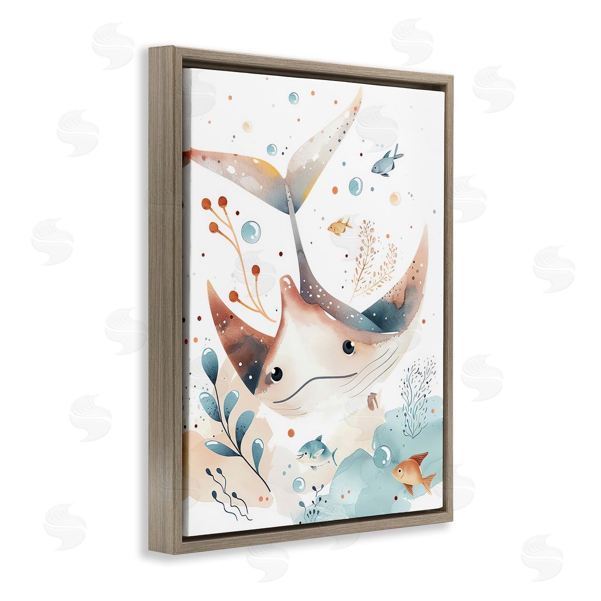 Smiling Manta Ray Brown Floating Frame Canvas Wall Art, Home Decor by Franklyn Gregory
