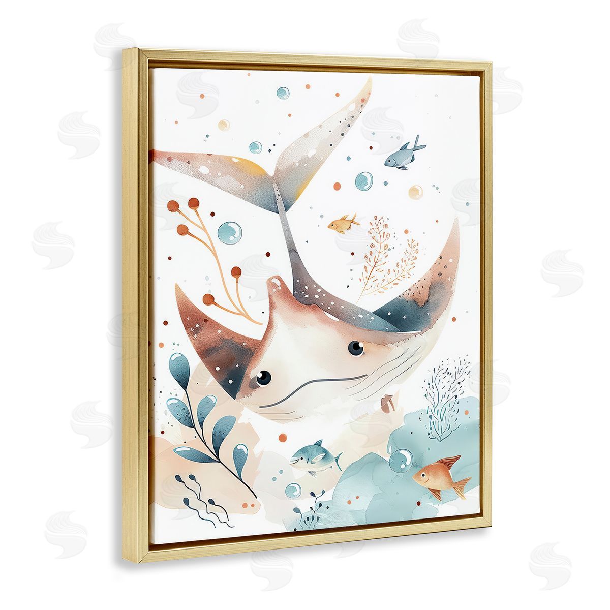 Smiling Manta Ray Gold Floating Frame Canvas Wall Art, Home Decor by Franklyn Gregory