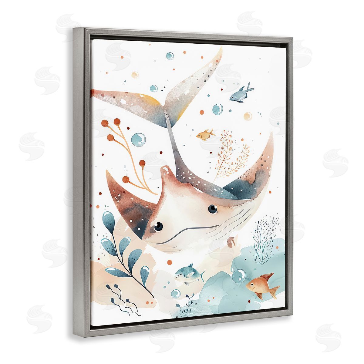 Smiling Manta Ray Grey Floating Frame Canvas Wall Art, Home Decor by Franklyn Gregory