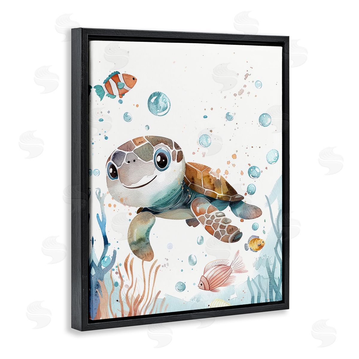Smiling Baby Turtle Black Floating Frame Canvas Wall Art, Home Decor by Franklyn Gregory