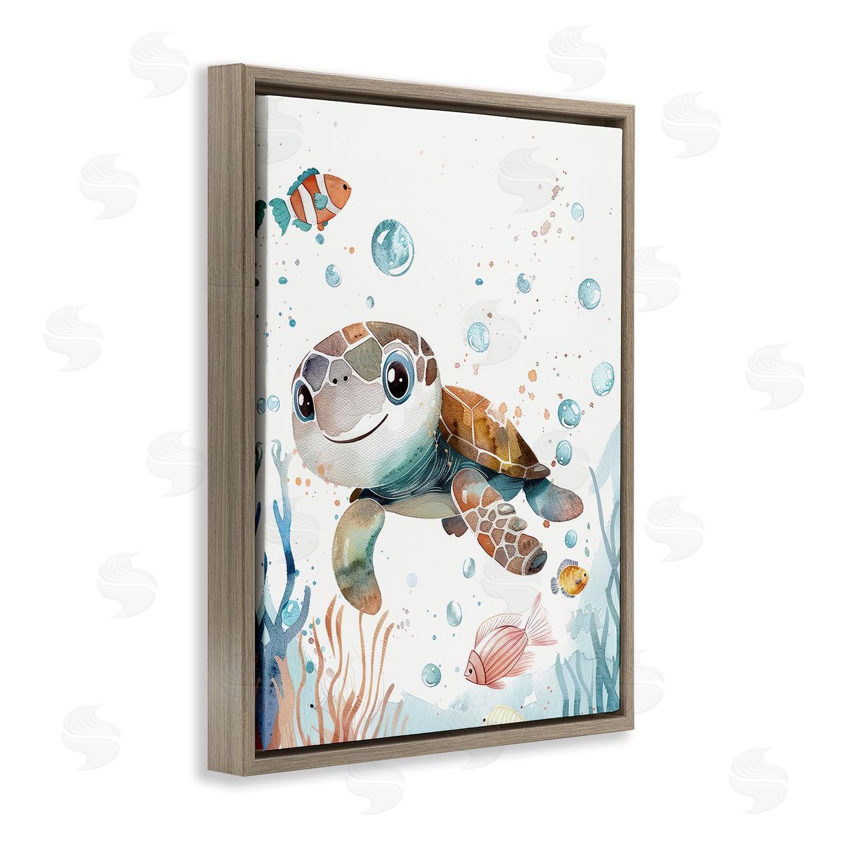 Smiling Baby Turtle Brown Floating Frame Canvas Wall Art, Home Decor by Franklyn Gregory