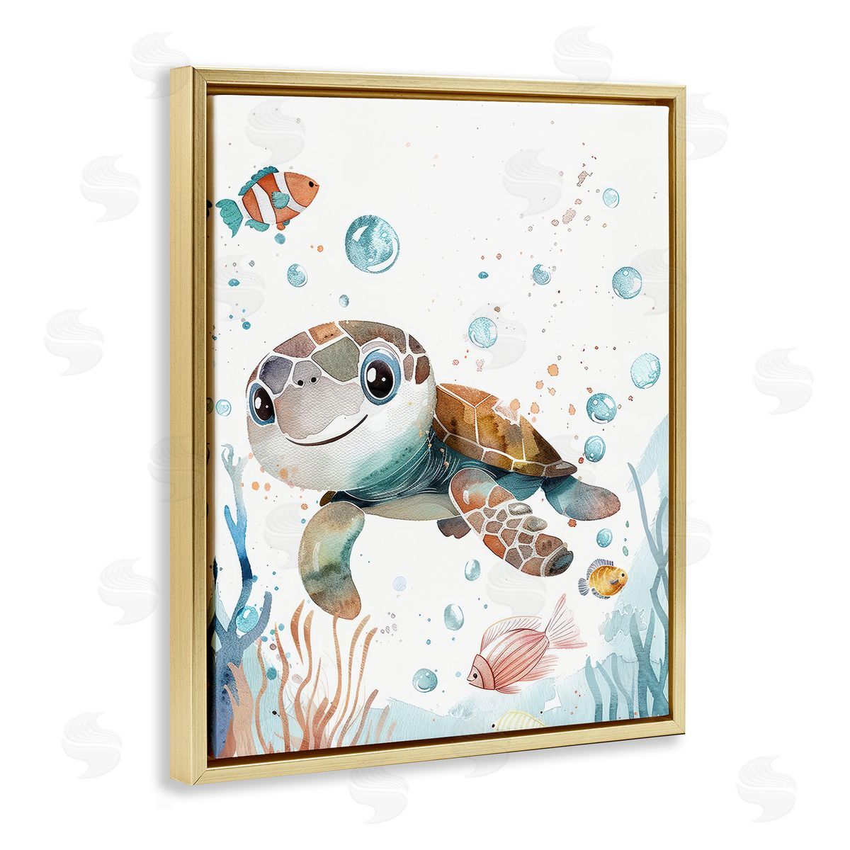 Smiling Baby Turtle Gold Floating Frame Canvas Wall Art, Home Decor by Franklyn Gregory
