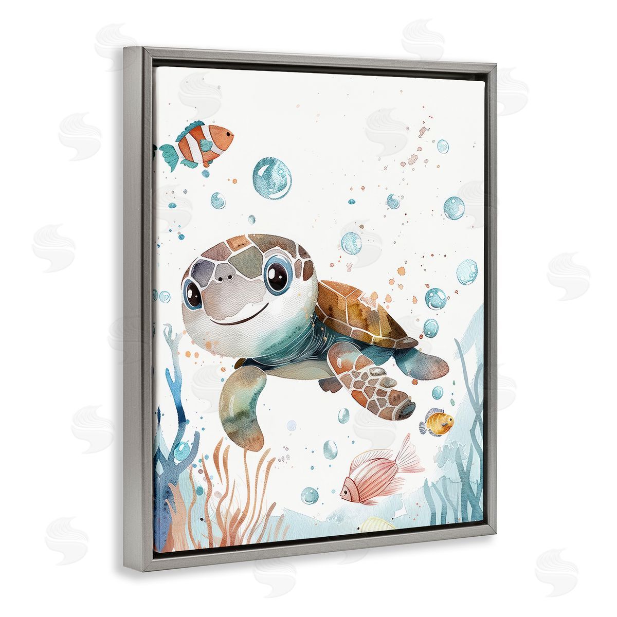 Smiling Baby Turtle Grey Floating Frame Canvas Wall Art, Home Decor by Franklyn Gregory