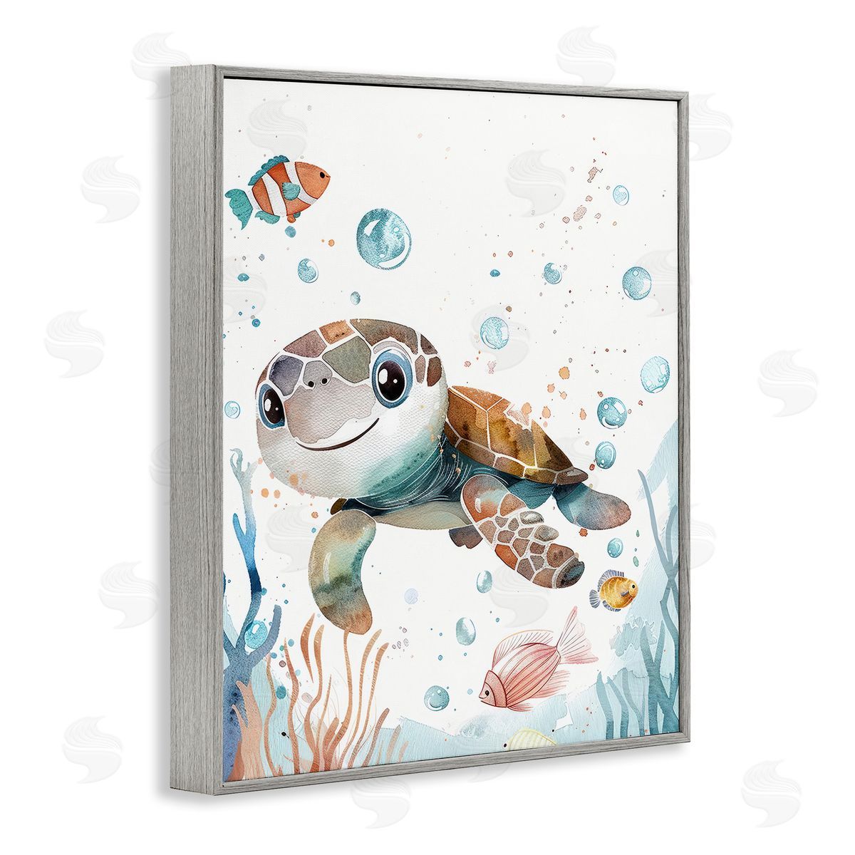 Smiling Baby Turtle Grey Frame Print Wall Art, Home Decor by Franklyn Gregory