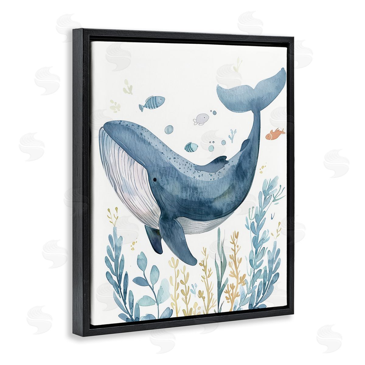 Curved Blue Whale Black Floating Frame Canvas Wall Art, Home Decor by Franklyn Gregory