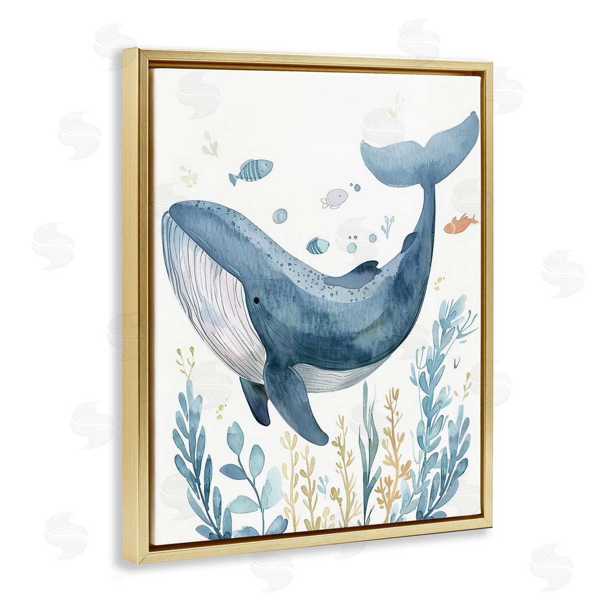 Curved Blue Whale Gold Floating Frame Canvas Wall Art, Home Decor by Franklyn Gregory