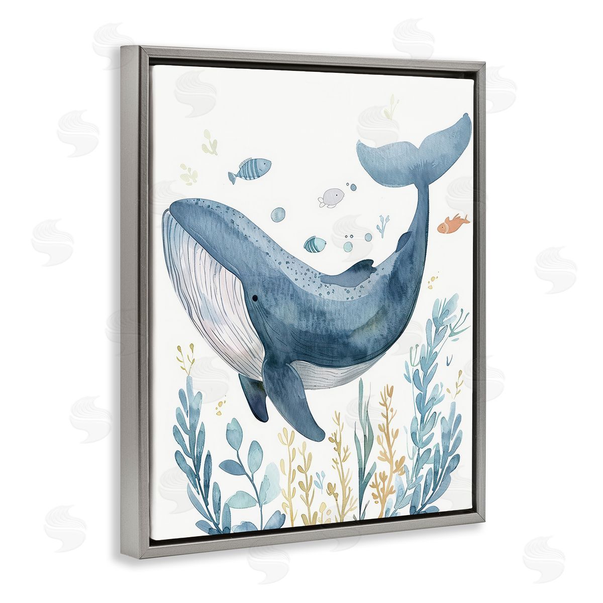 Curved Blue Whale Grey Floating Frame Canvas Wall Art, Home Decor by Franklyn Gregory