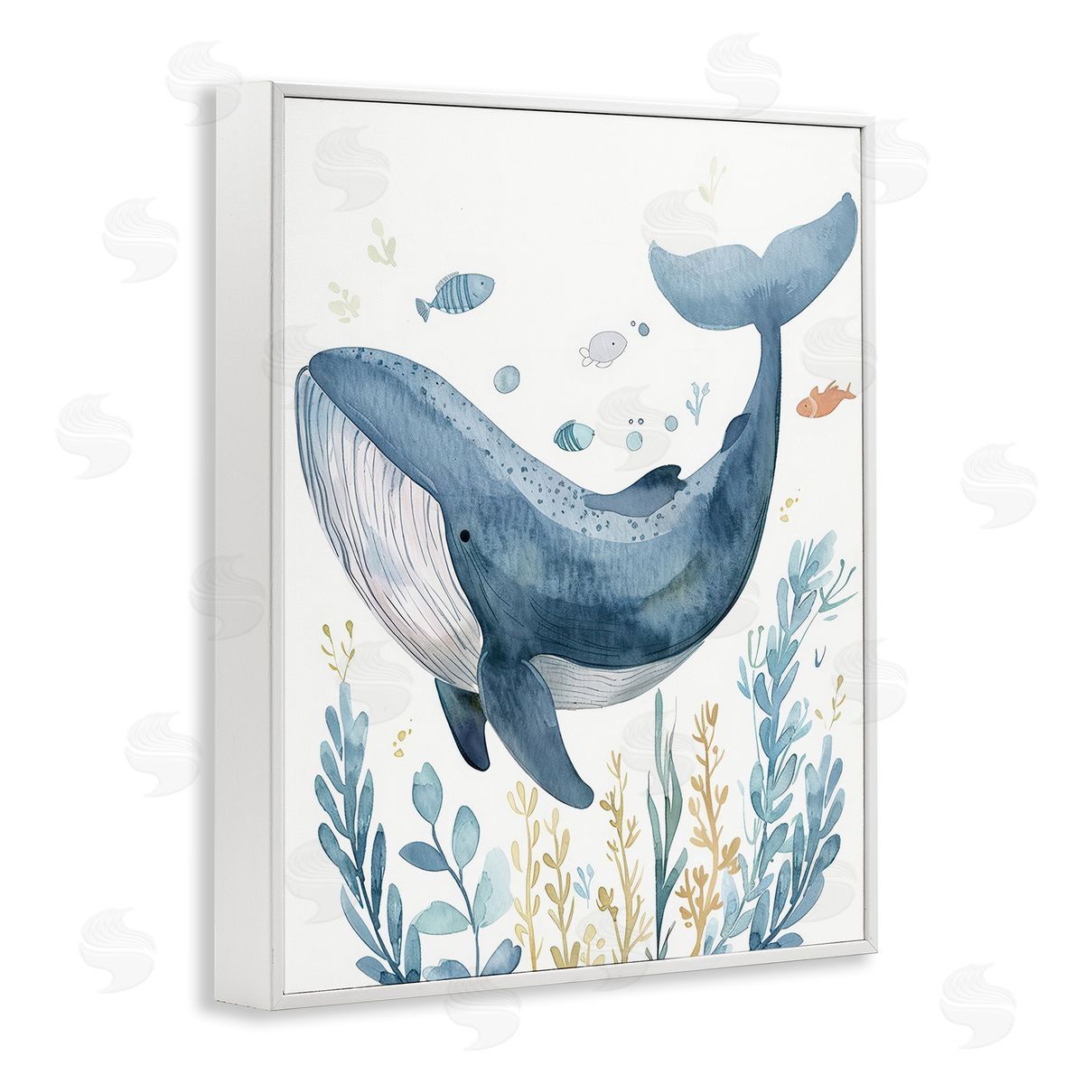 Curved Blue Whale White Frame Print Wall Art, Home Decor by Franklyn Gregory