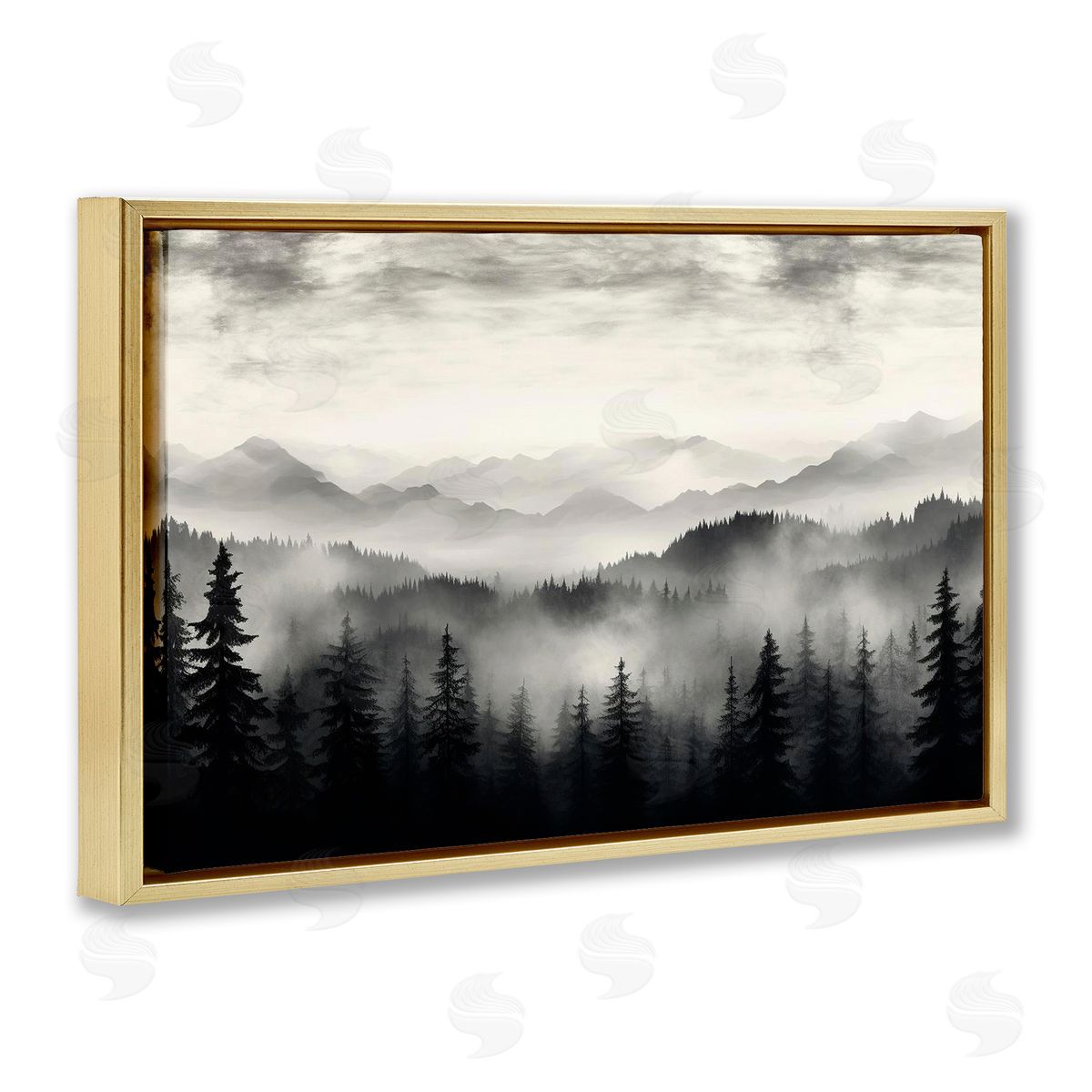 Black & White Gradient Mountains Gold Floating Frame Canvas Wall Art, Home Decor by LSR Design Studio