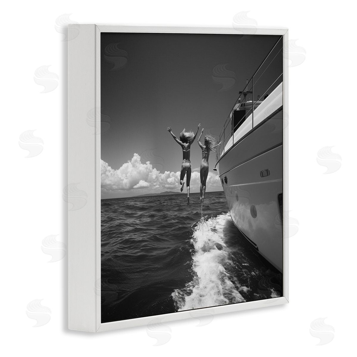 Jumping Into Ocean White Frame Print Wall Art, Home Decor by LSR Design Studio