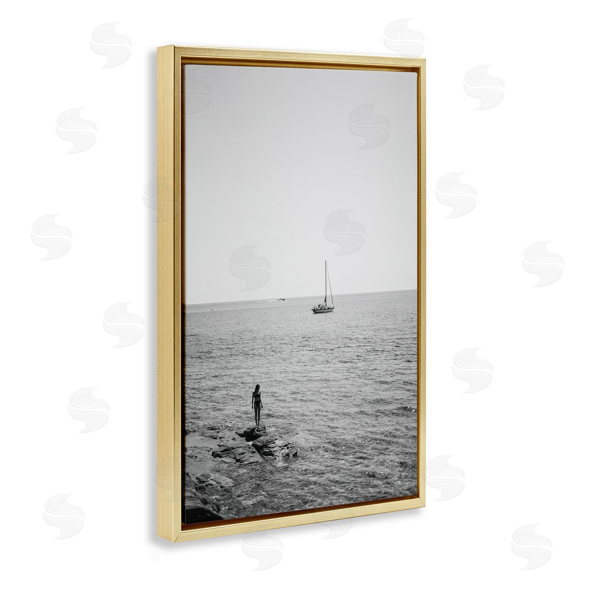 Standing On Edge Seascape Gold Floating Frame Canvas Wall Art, Home Decor by LSR Design Studio