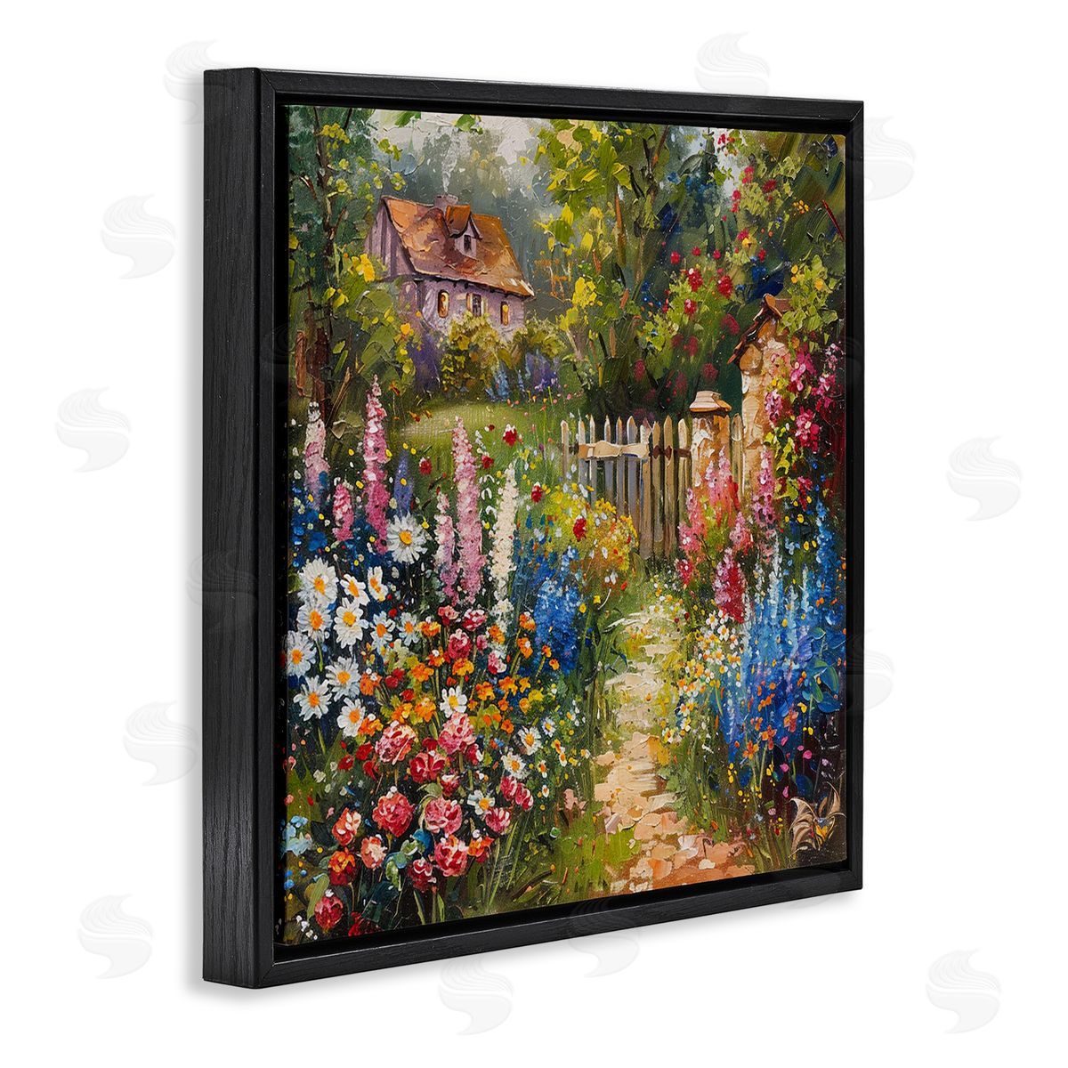 Blooming Spring Cottage Black Floating Frame Canvas Wall Art, Home Decor by LSR Design Studio