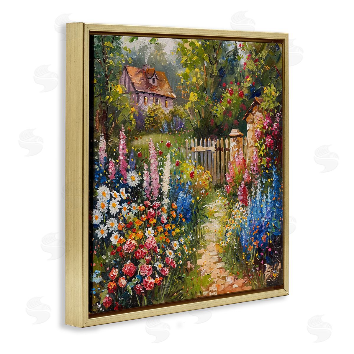 Blooming Spring Cottage Gold Floating Frame Canvas Wall Art, Home Decor by LSR Design Studio