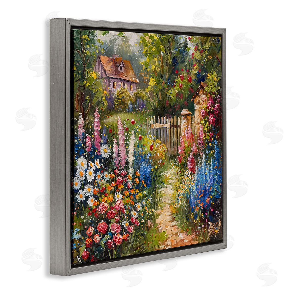 Blooming Spring Cottage Grey Floating Frame Canvas Wall Art, Home Decor by LSR Design Studio