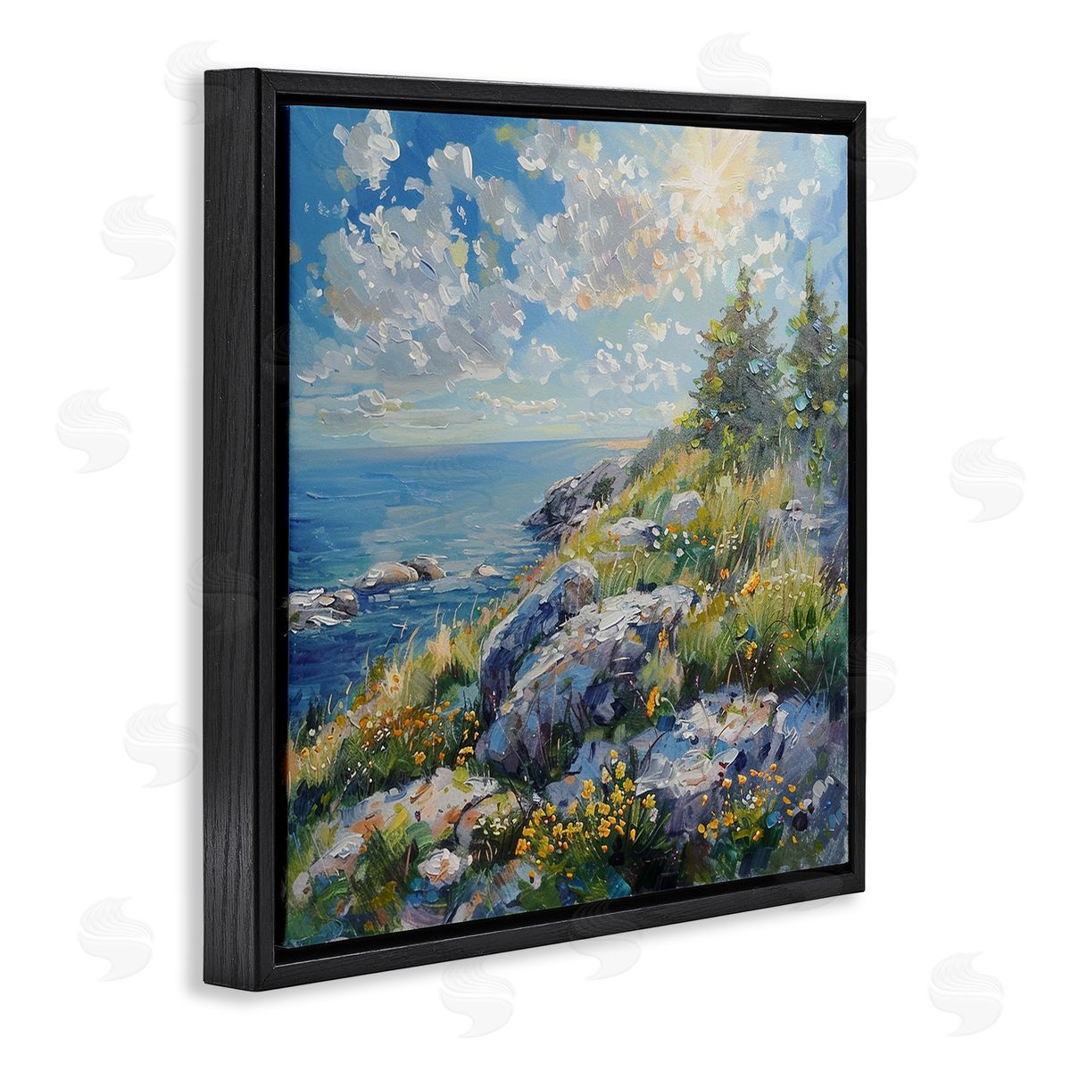 Cliffside Sea View Black Floating Frame Canvas Wall Art, Home Decor by LSR Design Studio