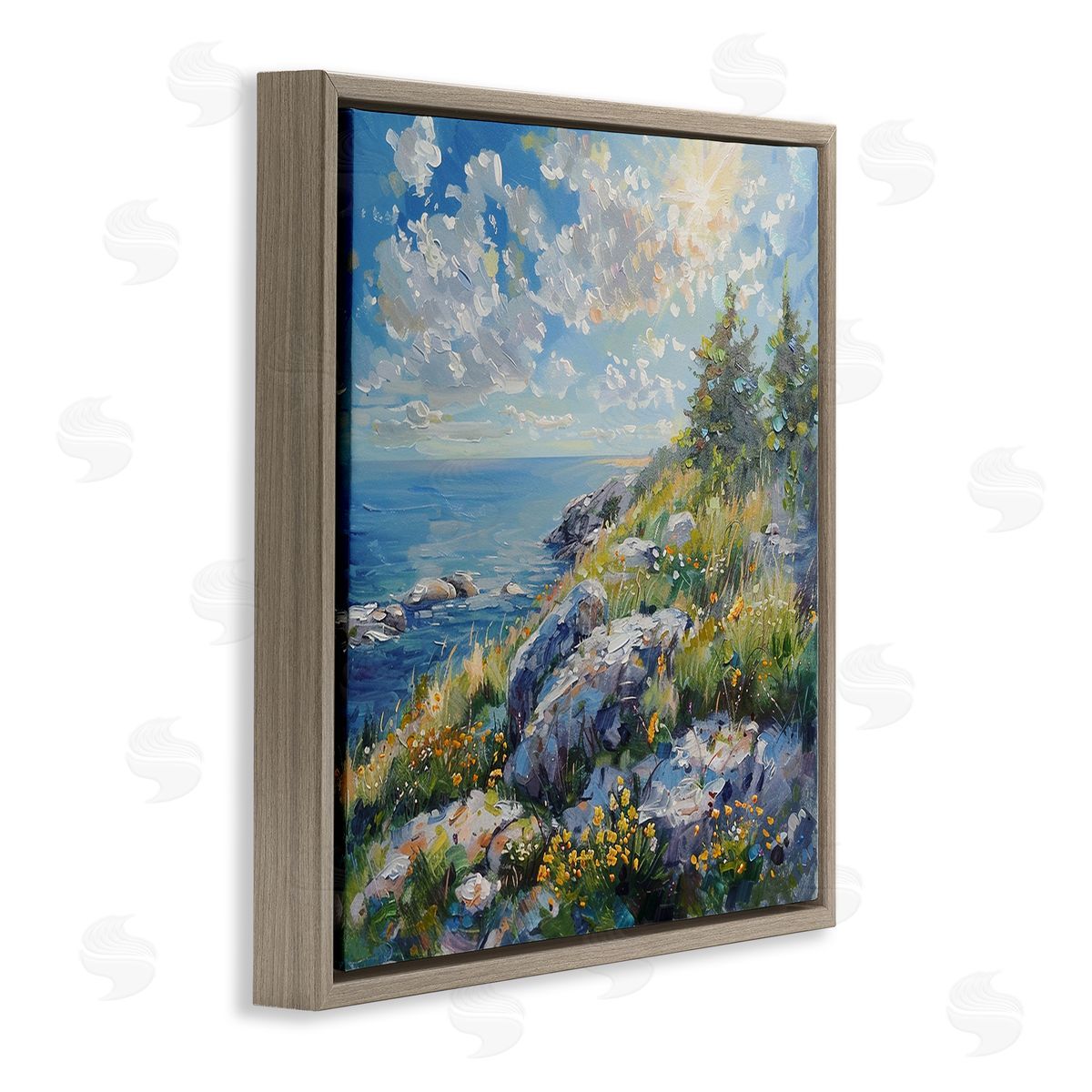 Cliffside Sea View Brown Floating Frame Canvas Wall Art, Home Decor by LSR Design Studio