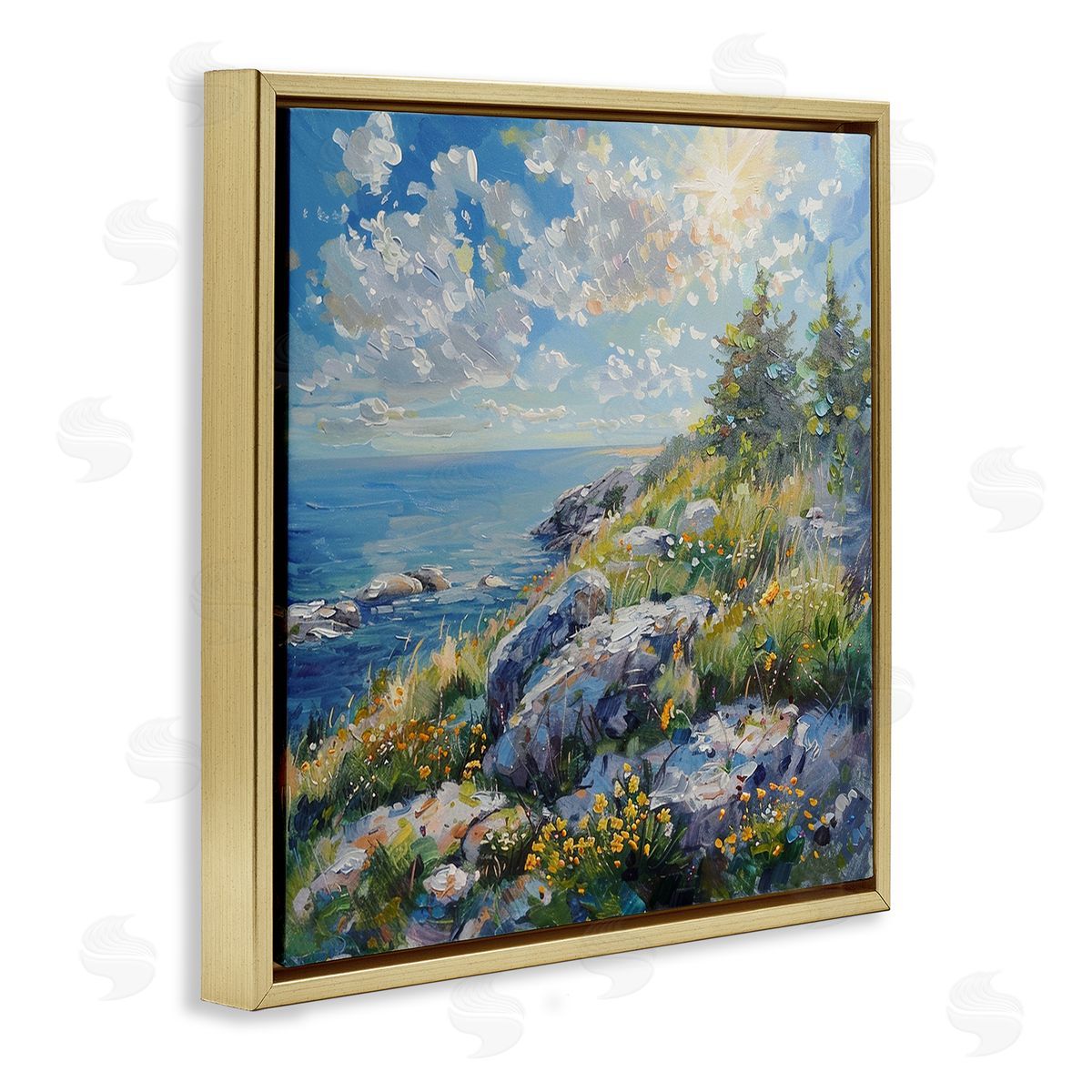 Cliffside Sea View Gold Floating Frame Canvas Wall Art, Home Decor by LSR Design Studio
