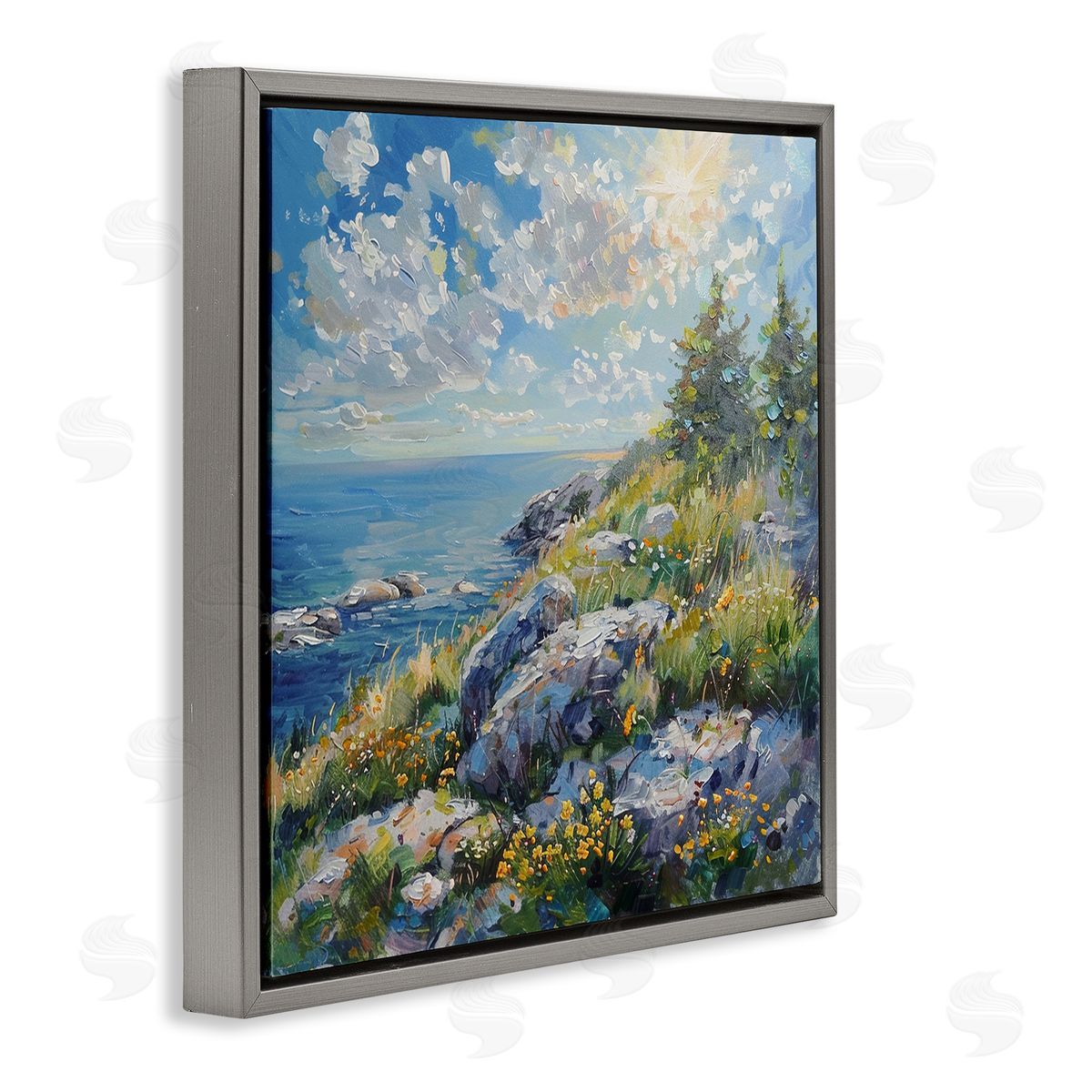 Cliffside Sea View Grey Floating Frame Canvas Wall Art, Home Decor by LSR Design Studio