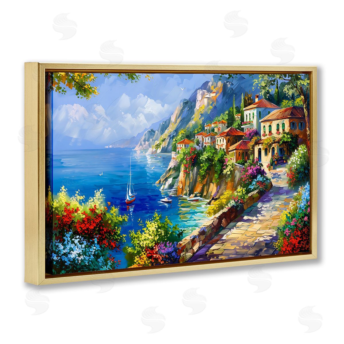 Panoramic Mountain View Gold Floating Frame Canvas Wall Art, Home Decor by LSR Design Studio